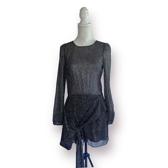 ZARA TRAFALUC BLACK WHITE DOT PRINT SEMI SHEER CROSSOVER TIE COCKTAIL DRESS LONG - Picture 5 of 15